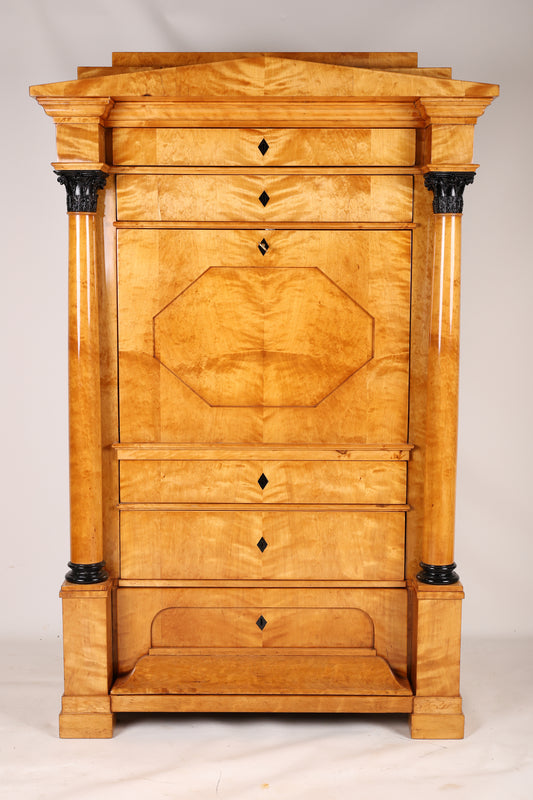 Biedermeier Sekretär mit Vollsäulen in Birke um 1820